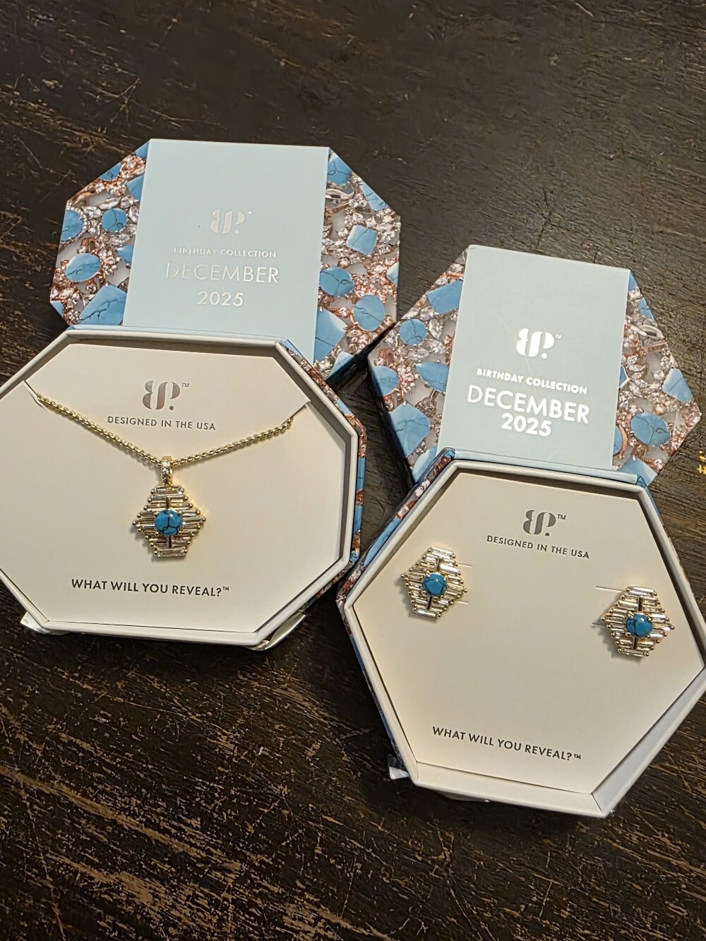 Bomb Party December 2025 Turquoise Pendant Necklace and Earrings Set - Gold